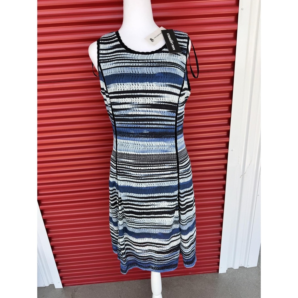 Karl Lagerfeld Paris Dress Womens 10 Blue Stripe Sleeveless Fit & Flare Midi
